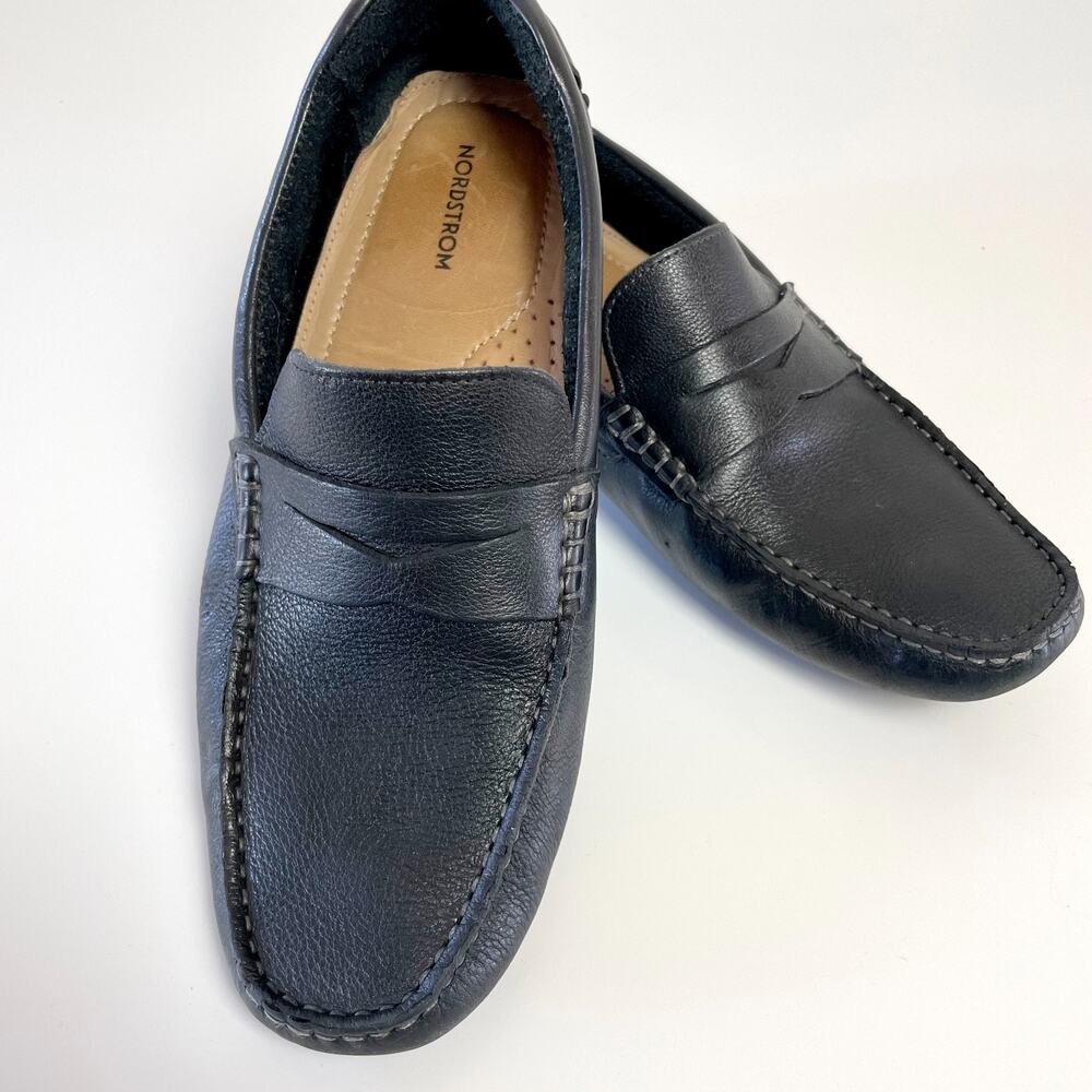 Nordstrom Leather Driving Penny Loafers Mens sz 8 Black Moccasins Mocs Old Money